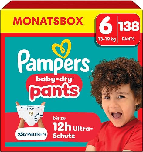 Pampers Baby-Dry Pants Größe 6, 138 Windeln, 13kg-19kg, 360° Passform hilft, Auslaufen zu verhindern