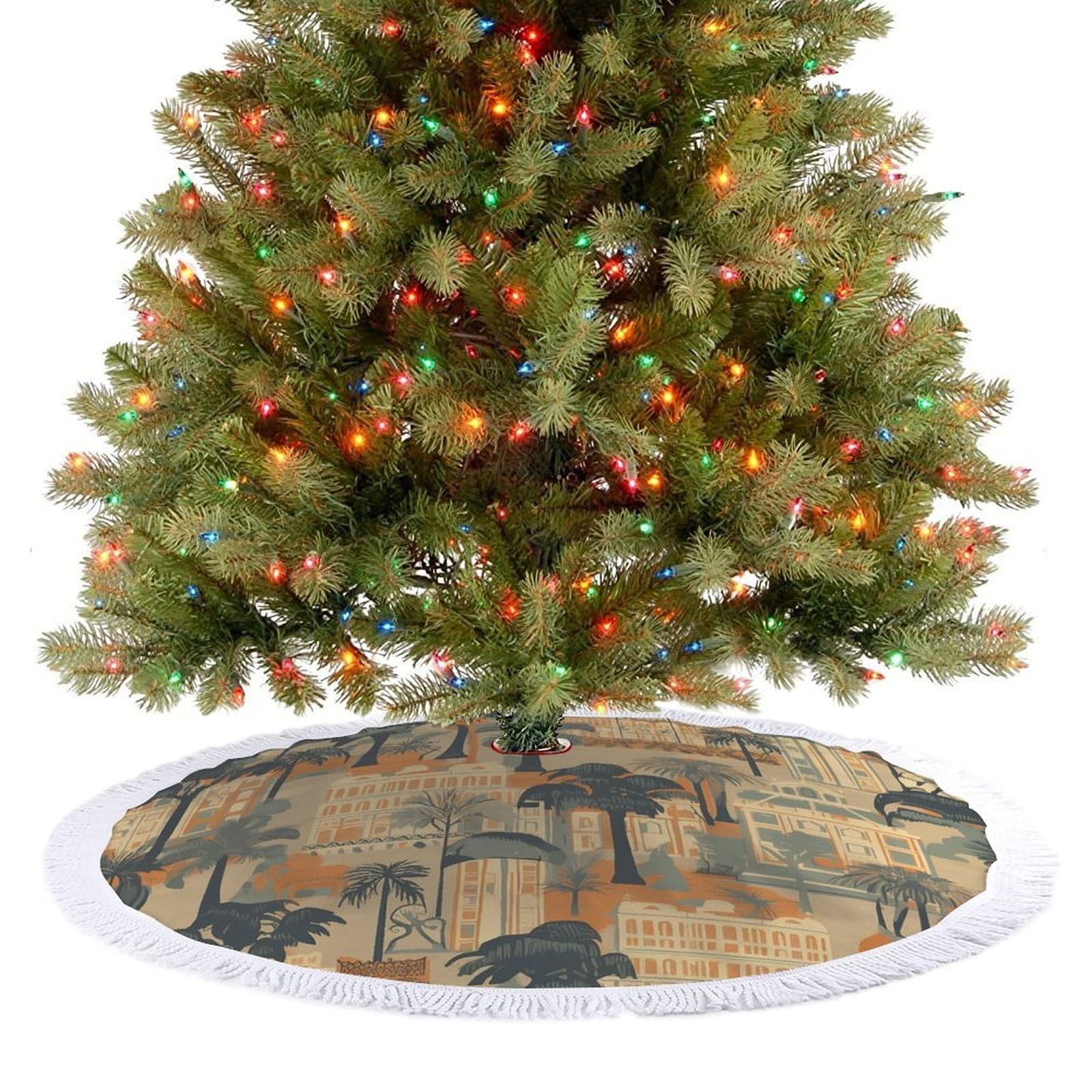 Tropical Palm Tree Christmas Tree Skirt 30"x30" Rustic Xmas Tree Mat with Tassel Ornament Christmas Trees Cover Skirt Mat for Evergreen Trees Ornament Winter Holiday Mats Decorations
