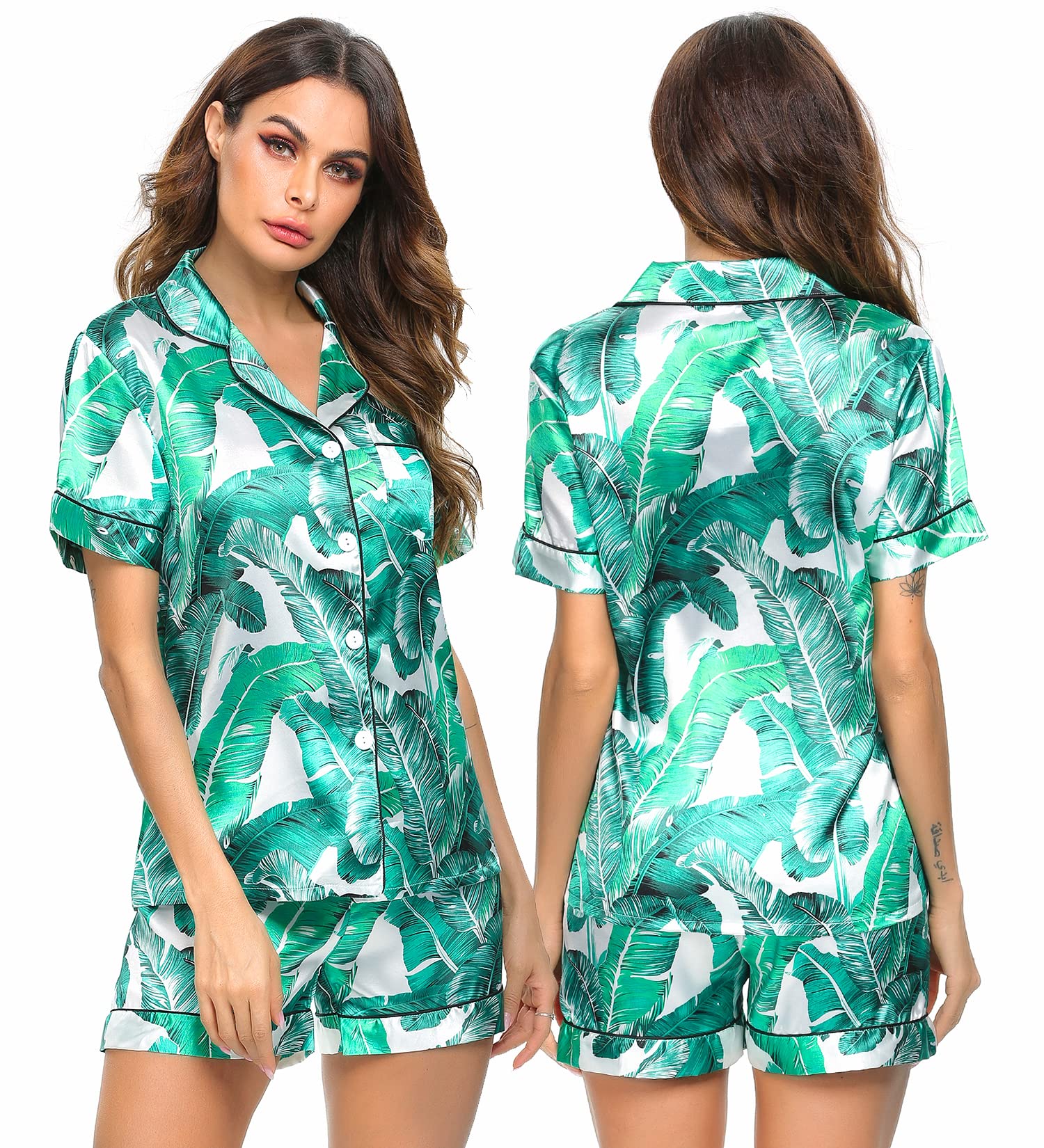 Womens Silk Satin Pajamas Short Sleeve Loungewear Two-Piece Sleepwear Button-Down Pj Set