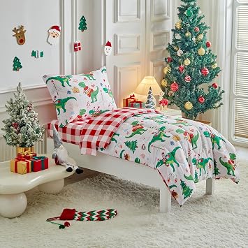Christmas Toddler Bedding Set for Boys Girls Green Dinosaur Colorful Holiday Toddler Bed Set - Soft Toddler White Bed in a Bag with Red Plaid Sheet Set and Pillow Shams