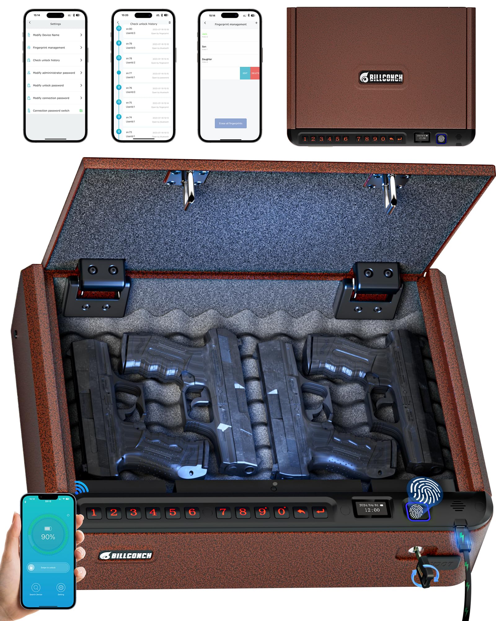BILLCONCH Smart Gun Safe with Fingerprint, App, Keypad,LCD&amp; Security Cable