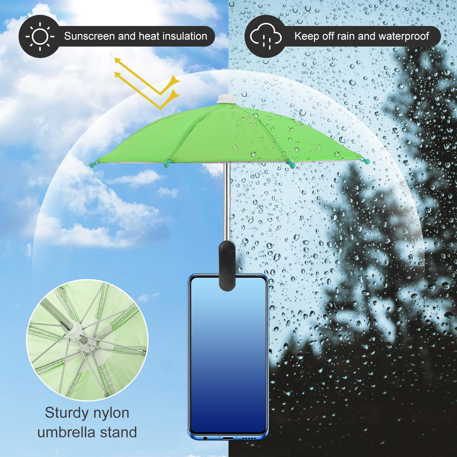 QUARKZMAN Phone Umbrella - Ombrellino Regolabile Per Telefono Con Clip Stabile Mini Copertura Ombreggiante Universale Per Cellulare Da Spiaggia/Piscina/Esterno, Verde