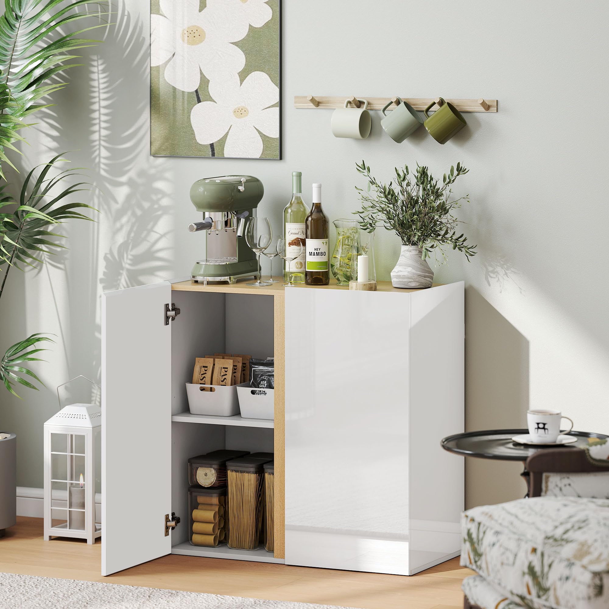 HOMCOM Sideboard Küchenschrank für Küche 80 x 40 x 80 cm Hochglanzweiß | 2 Soft-Close-Türen, Verstellbarer Einlegeboden, Moderner Aufbewahrungsschrank, Wohnzimmer