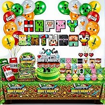 Pixel Game Birthday Party Supplies - Gamer Theme Birthday Decorations Kit - 20% Thicker Balloon and Tablecloth Set with Pennant Banner Plates Napkins Cupcake Toppers Favor Bags for Boys Gaming