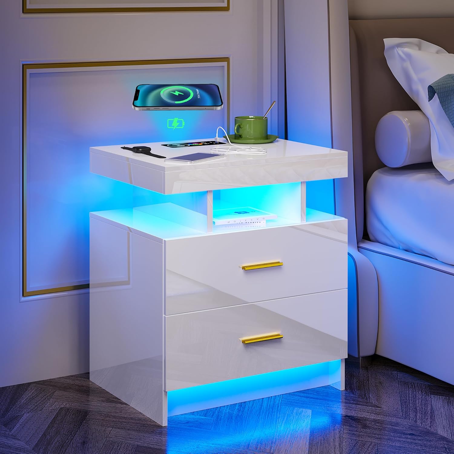HNEBC LED Nightstand,White Night Stand with USB+TypeC