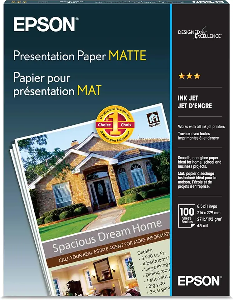 Epson Papel de apresentação fosco, 21 x 28 cm, 100 unidades (S041062), branco