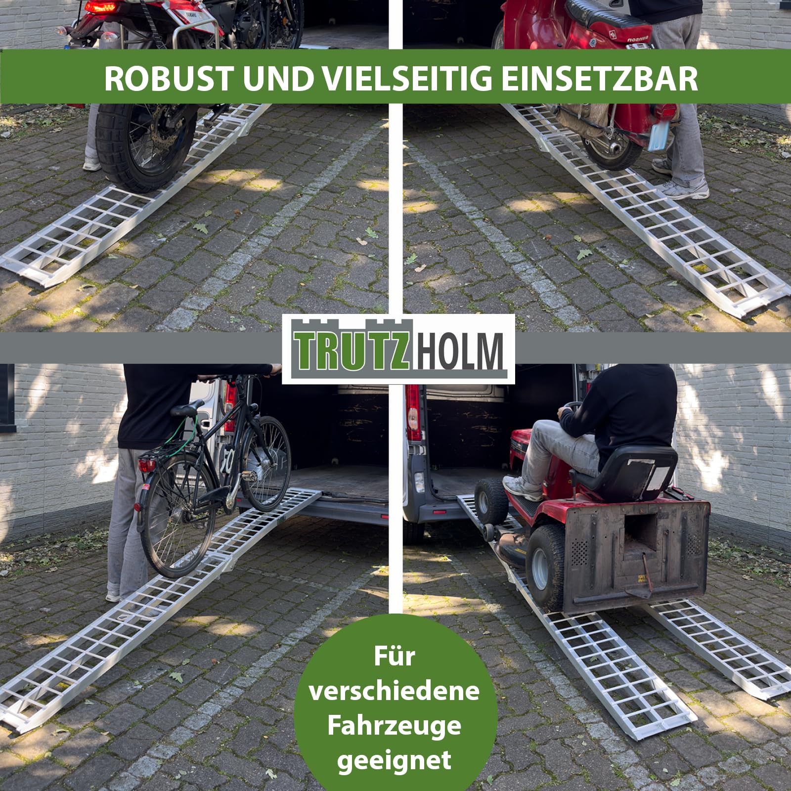 TRUTZHOLM Auffahrrampe klappbar 305 cm Traglast 272 kg Aluminium | Verladerampe für Motorrad Roller leichte Cruiser inkl. Spanngurt