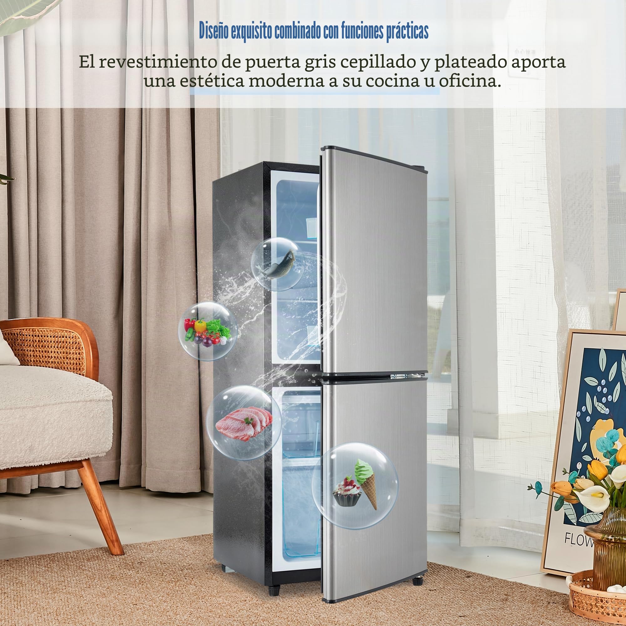 Merax Frigorífico con congelador de 106 L, nevera con congelador de 60 L, congelador de 46 L, 7 ajustes de temperatura, iluminación LED, estantes ajustables, silencioso, 45 dB, gris plateado