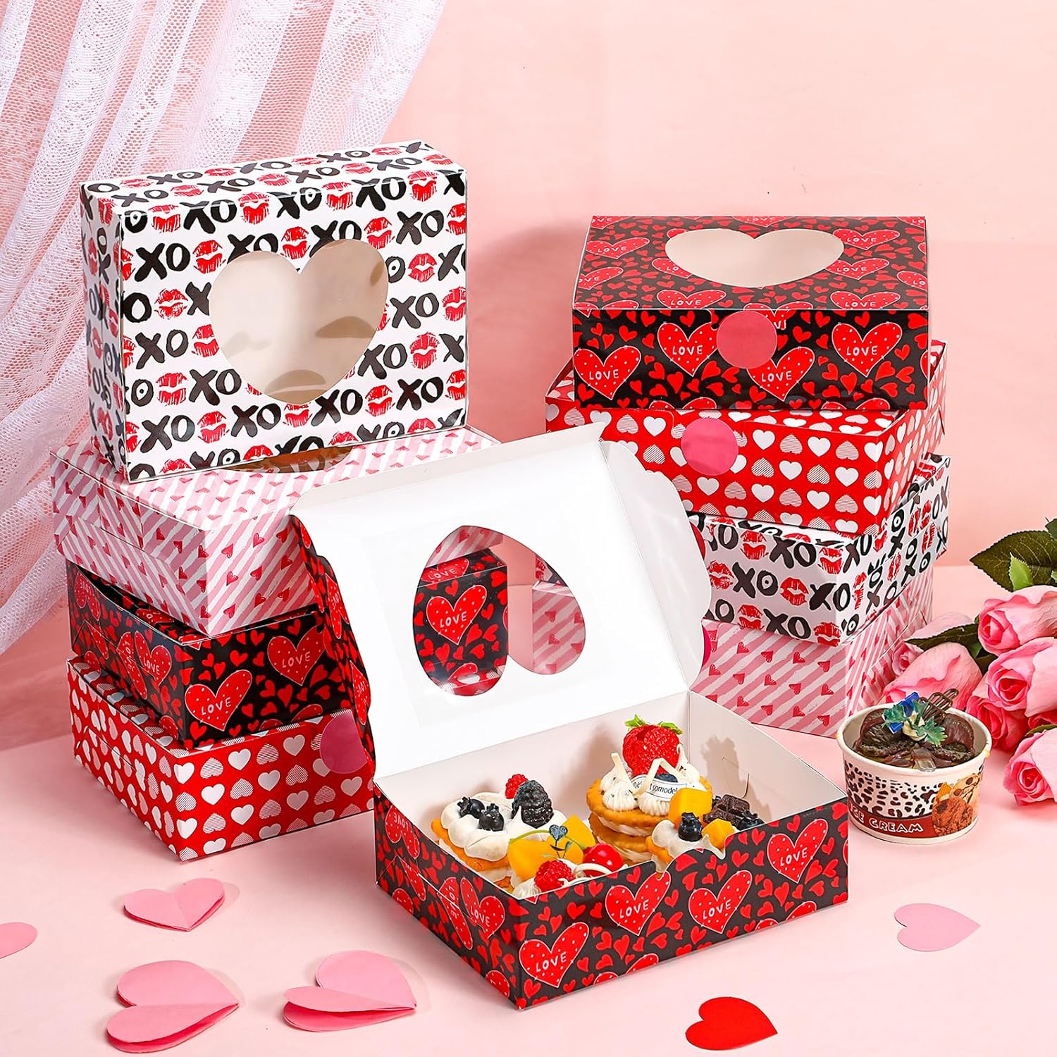 60 Pcs Valentines Heart Bakery Cookie Boxes 8 x 6 x 2.5'' Red Pink Treat Boxes with Window Cupcake Candy Gift Container with Sticker for Women Mothers Day Party Favors (Heart)