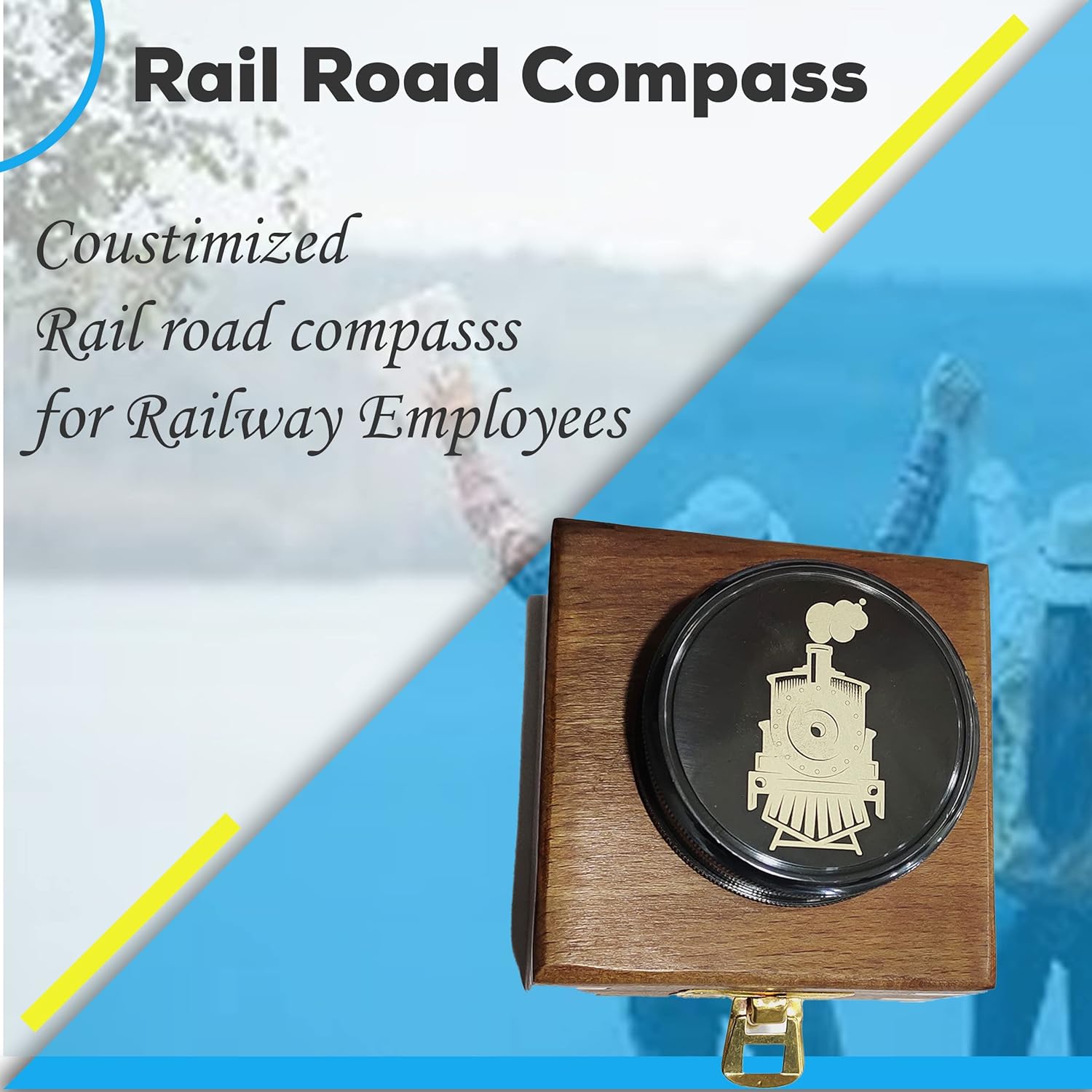 PORTHO Custom Railroad Pocket Compass with Wooden Gift Box – Engraved Brass Compass for Train Engineers, Conductors, Train Collectors, Railroad Workers & Travel Gift