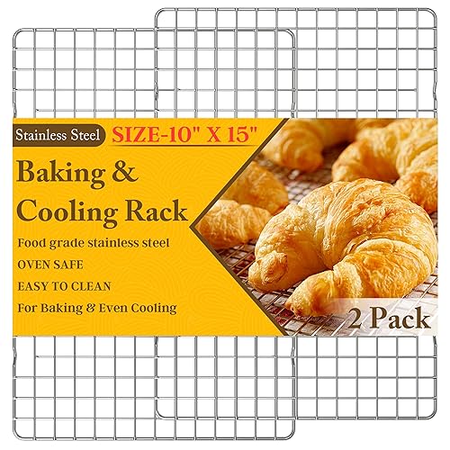 2PCS Cooling Racks for Cooking and Baking - 10" x 15"Heavy Duty Stainless Steel Wire Rack for Baking, Grilling, Roasting - Oven & Dishwasher Safe - Fits Jelly Roll Sheet Pan-Silver - 10‘’x15‘’-2PC - Silver