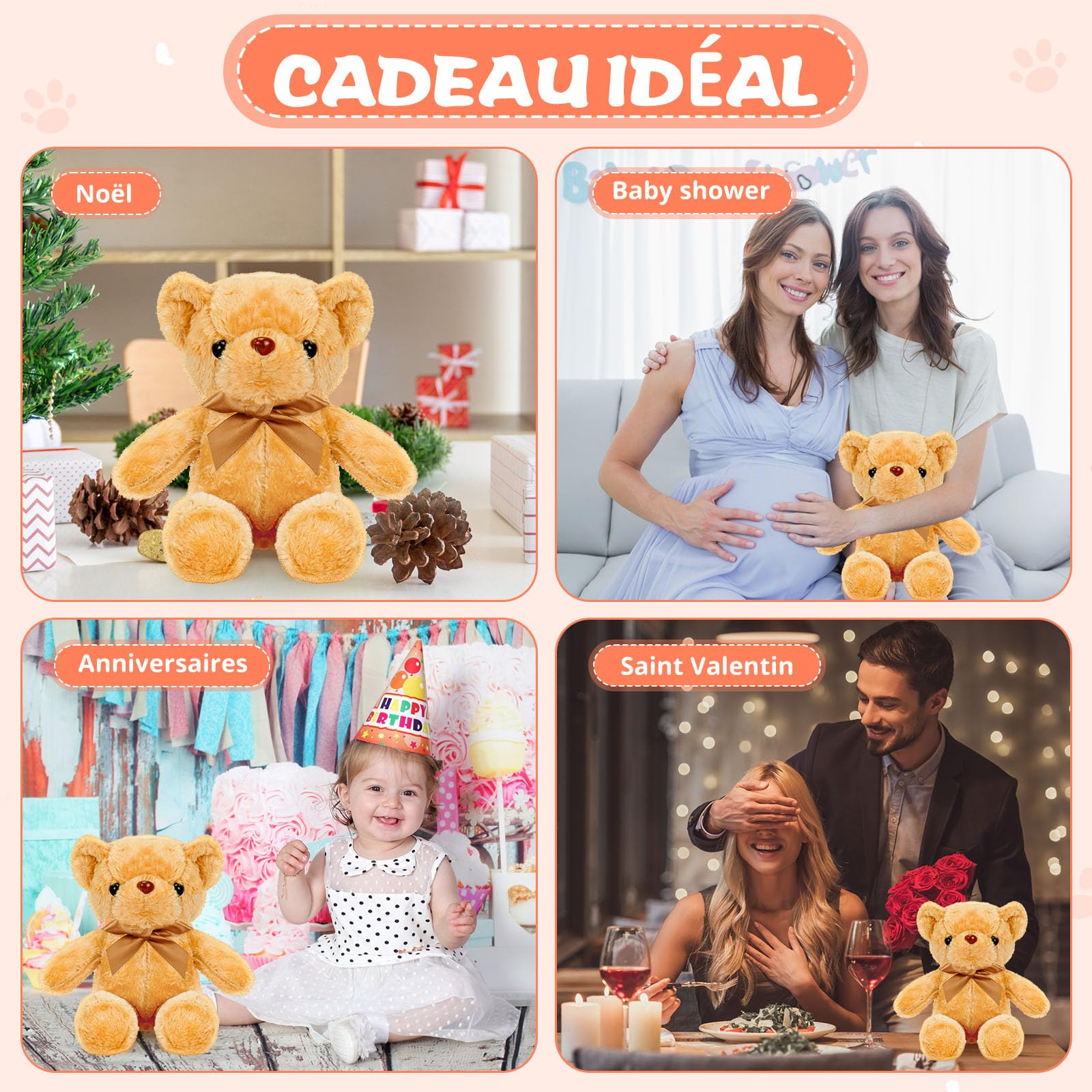 Lot de 12 Ours en Peluche Brun Clair 30 cm avec Nœud Papillon