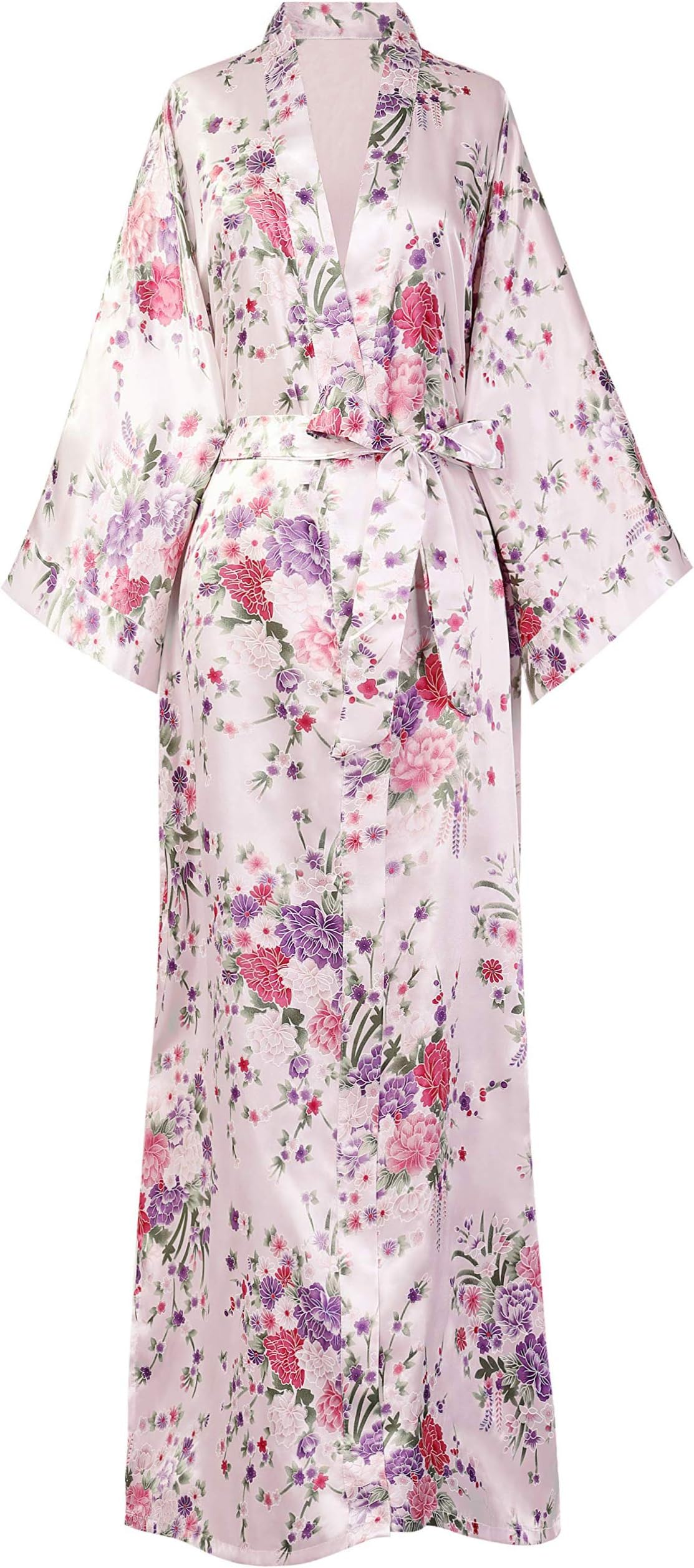 Fantherin Kimono Dressing Gown Floral Kimono Robe Silk Satin Kimono for Women Wedding Pyjamas Party 135cm/53'' (Pink)