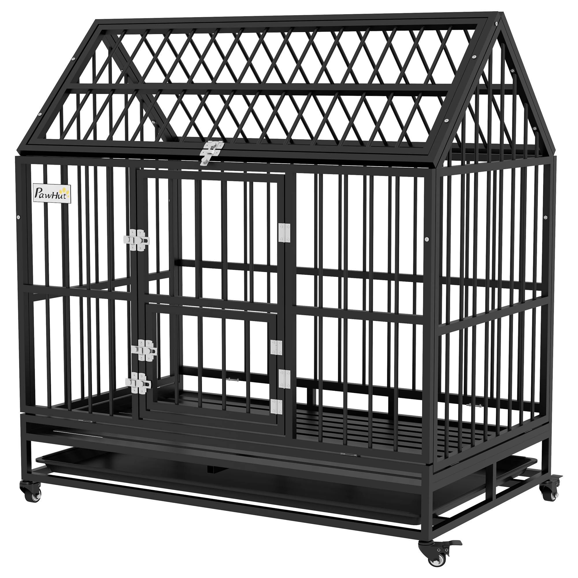 PawHut Jaula para Perros Grandes 123x74x125 cm Perrera Metálica con Ruedas Bandeja Extraíble Marco de Acero Puerta en Techo Puertas Frontal y Cerraduras Negro