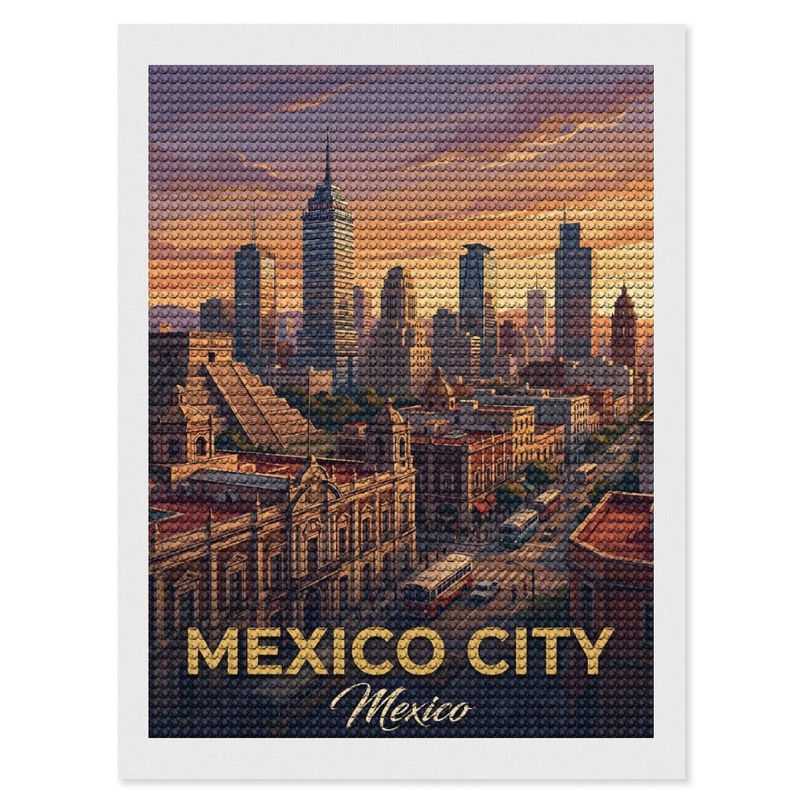 Junmoney Mexico City Skyline at Sunset Full Drill Diamond Painting Kit 12"x16", Sparkling Round Gems, Decorate Your Room, Mindful Craft Activity