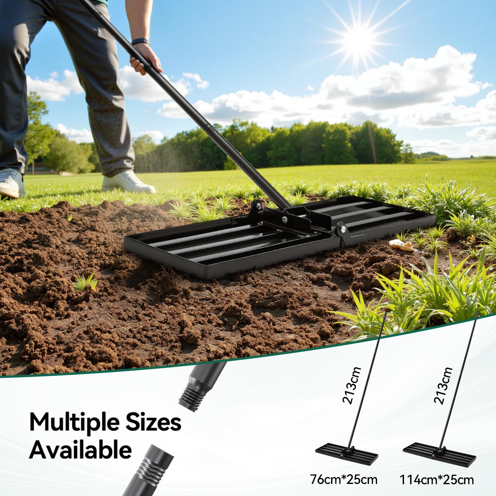 Warmiehomy Rastrillo nivelador de césped, rastrillo de jardín resistente con placa plegable de 76 x 25 cm y mango ajustable de 213 cm, rastrillo nivelador de césped para jardinería, suelo, césped de
