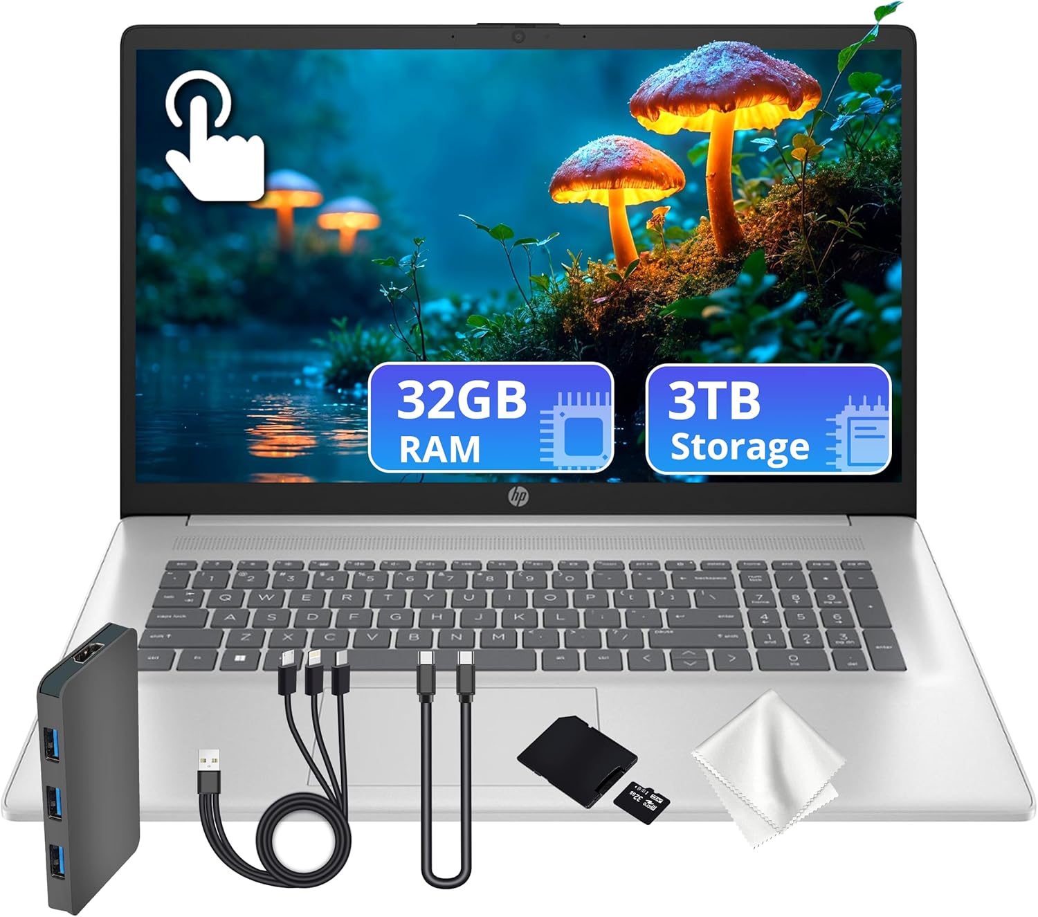 HP 17.3" HD+ Touchscreen Laptop, AMD Ryzen 5 7430U, 32GB DDR4 RAM, 3TB Storage (2TB SSD & 1TB Docking Station Set), AMD Radeon Graphics, Numeric Keypad, 720p HD Camera, Wi-Fi 6, Windows 11, Silver