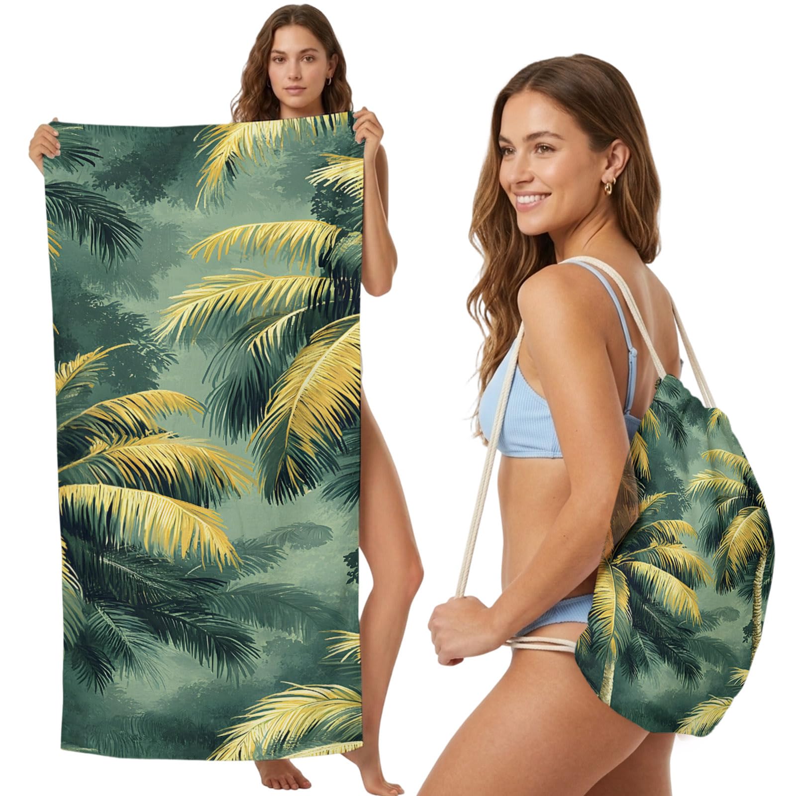 FWJZDSP Beach Towel Backpack, Summer Palm Tree Scenery 2-in-1 Foldable Soft Microfiber Quick Dry Beach Towel 31.5x63in Retro Green Tropical Plant Lightweight Pool Towels Bag for Travel, Yoga, Gym