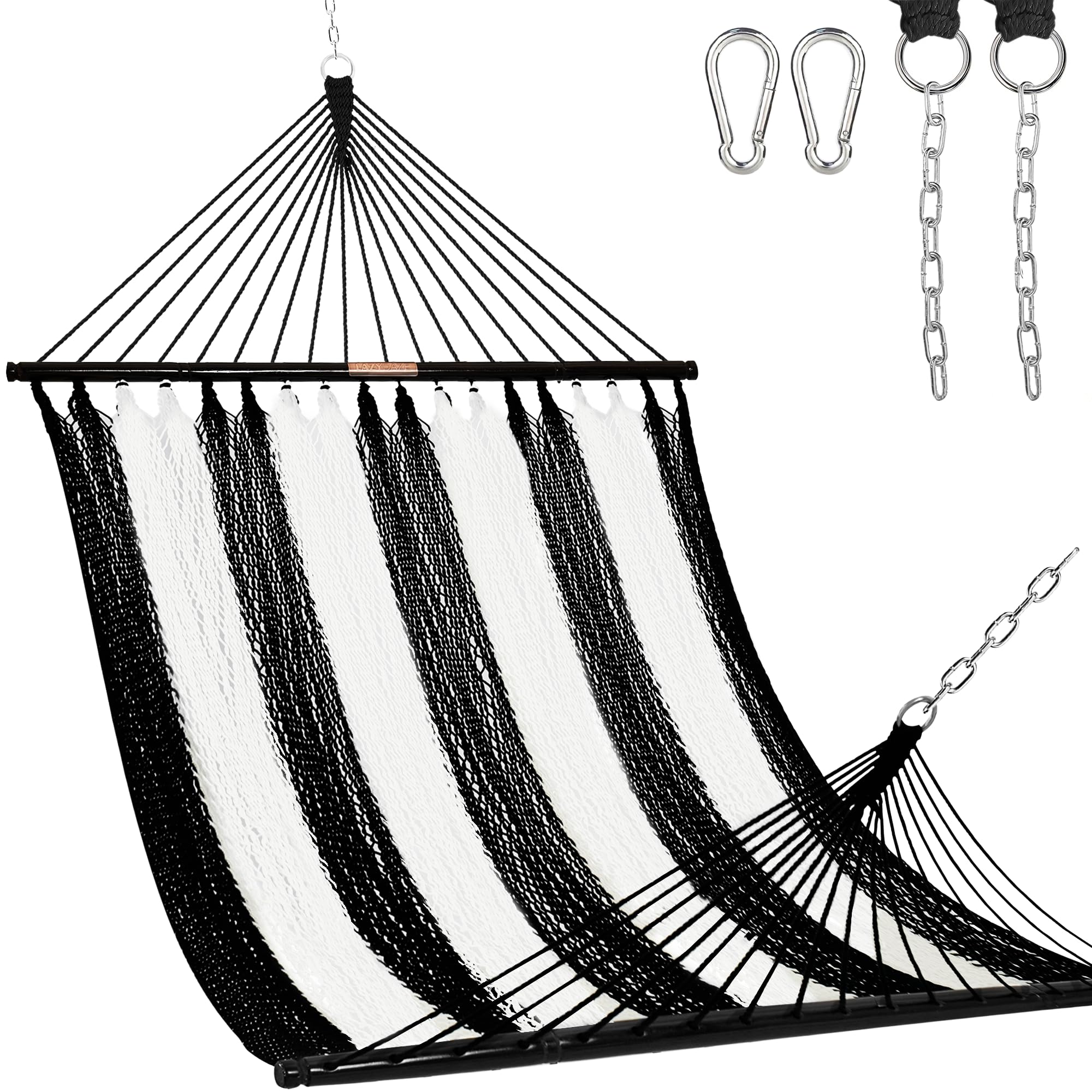 Lazy Daze Hammocks 10.5 FT Double 2 Person Caribbean Rope Hammock, Hand Woven Polyester Hammock with Spreader Bars, for Outside Outdoor Backyard Patio Poolside, 450 LBS Capacity, Black/White