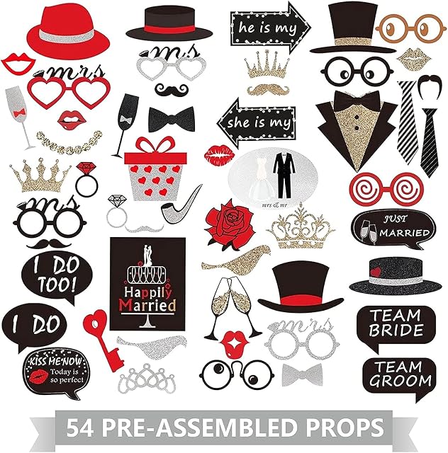 54 PCS Wedding Photo Booth Props, Funny DIY HenPartyAccessories,WeddingFavours PartyDecorations for Anniversary Day, Valentine's Day, Bridal Shower,Girls Night
