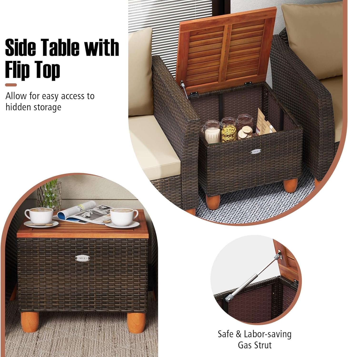 Tangkula 3 Piece Patio Furniture Set, Patiojoy Outdoor PE Wicker Bistro Set with Soft Cushions and Solid Acacia Wood, Outdoor Conversation Set with Porch, Balcony and Garden