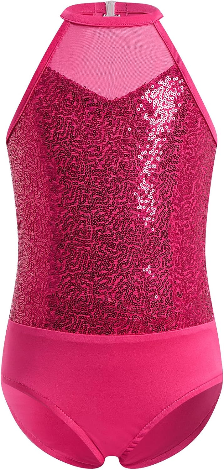 Girl Sparkly Sequins Dance Leotard with Metallic Skirt Halter Keyhole Back Kids Hip Hop Jazz Disco Dance Outfits
