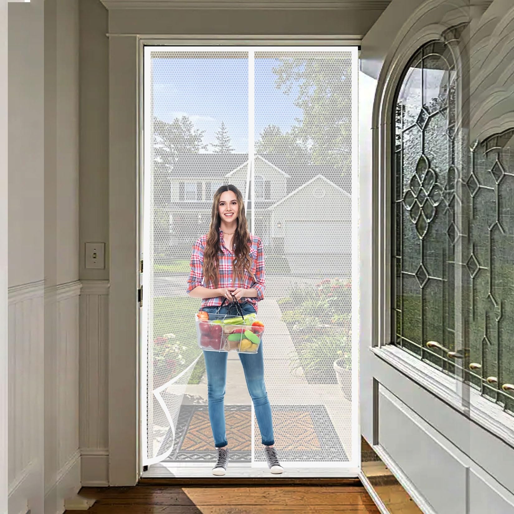 Liujyuan White Magnetic Screen Door 153 X 145 Cm Full Frame Magic Tape, Powerful Magnets Fly Screens For Doors Without Drilling, Heavy Duty For Keeping Out Flies,
