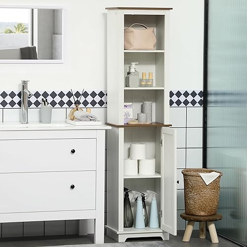 Miniatura 7 de kleankin Armario de almacenamiento delgado para baño con estantes y armario triples abiertos, torre de lino independiente de madera, armario de