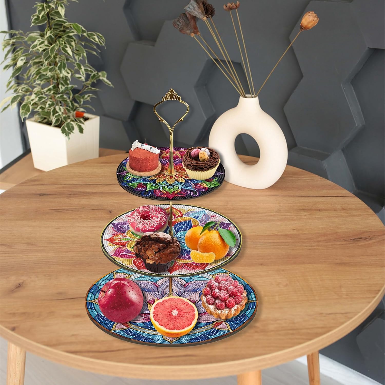 Three-Tier Diamond Painting Wooden Cake Stand DIY Sunflower Diamond Painting Cupcake Towel-Lined Tiered Tray Reusable Pastry Stand (Datura Flower)