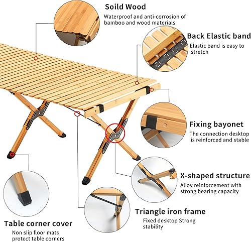 Miniatura 4 de Mesa de picnic baja portátil, mesa de camping plegable de bambú de 4 pies con bolsa de transporte y mantel, mesa de playa plegable para camping,