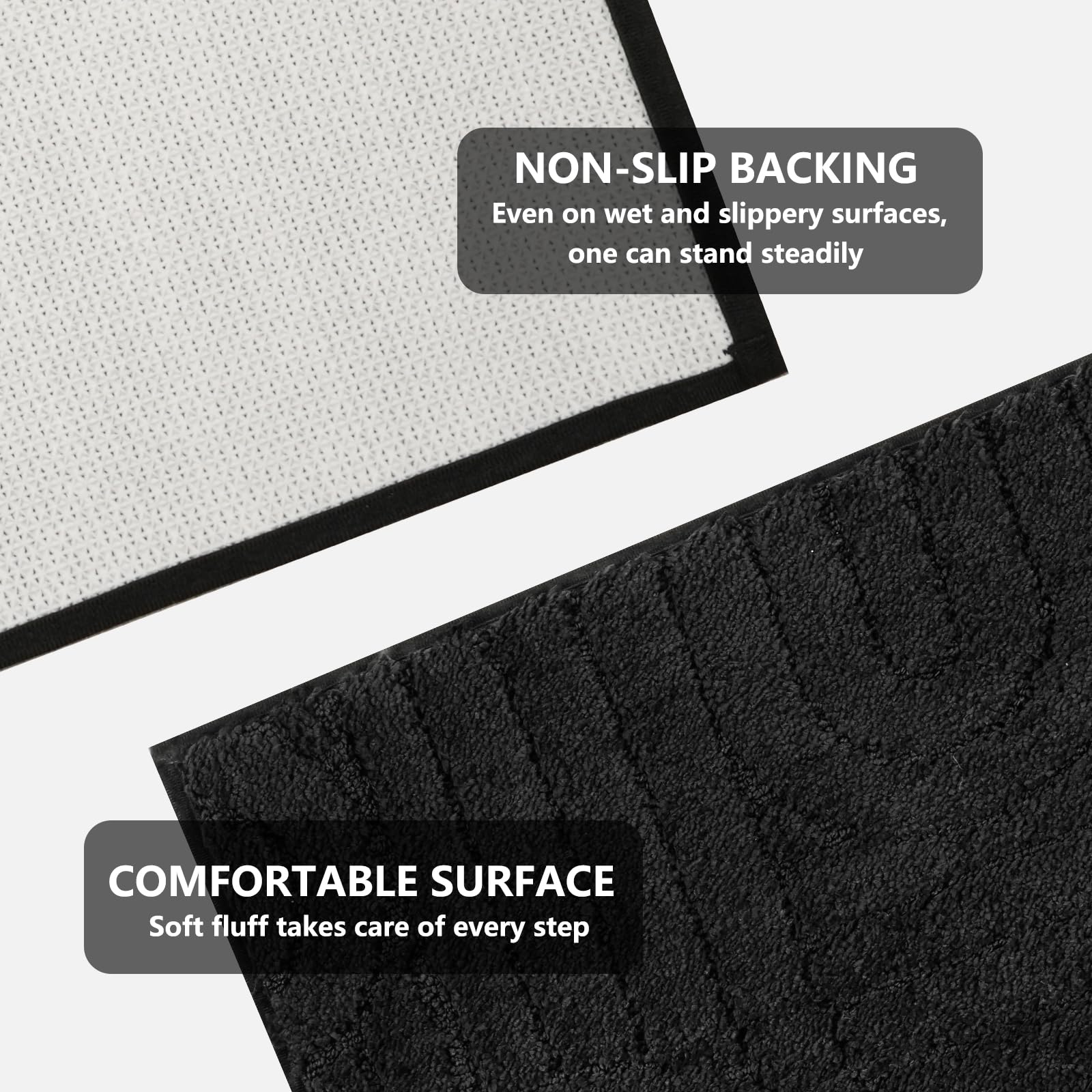 Homcomodar Set di 3 tappeti da bagno in microfibra, morbidi, antiscivolo, lavabili (nero)