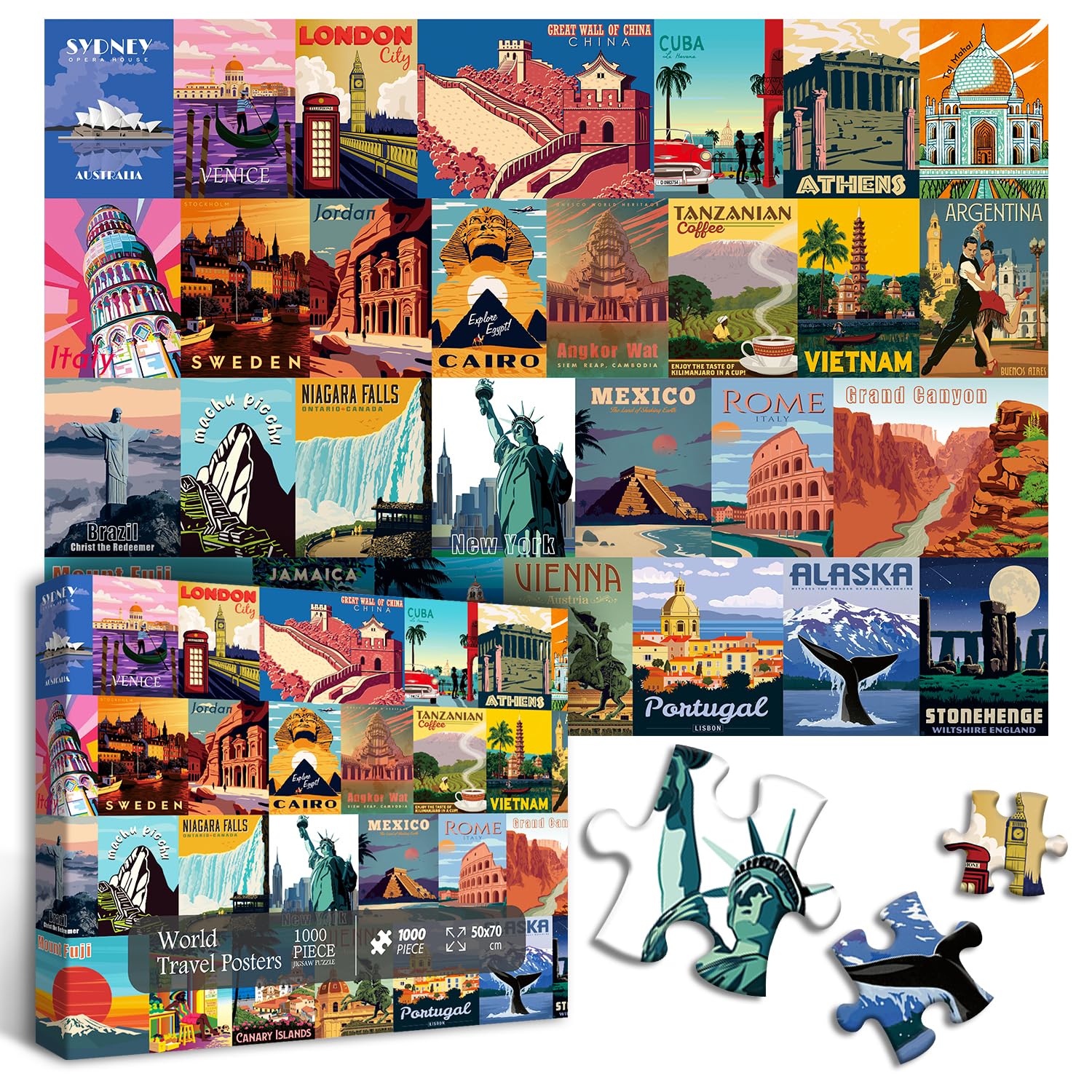 Travel Posters Puzzles for Adults 1000 Pieces and up,Vintage Poster Jigsaw Puzzles Collect Mexico Brazil, Vintage World Landscape Puzzle as Home Decor