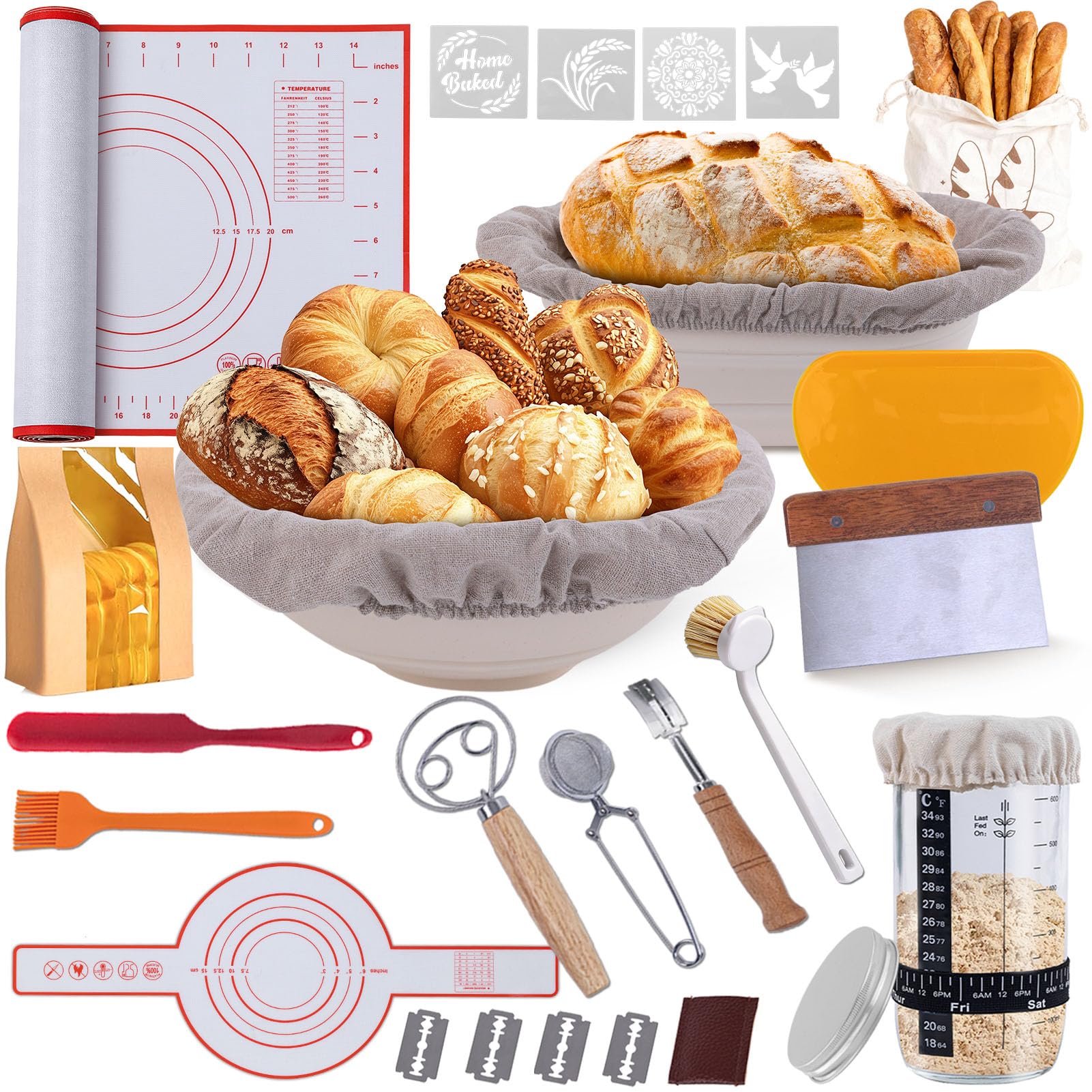 Sauerteig Starter Set mit 2 Gärkörbchen, 730ML Sauerteig Glas, Brotbackzubehör kit, Brot Backen Zubehör für Anfänger und Erfahrener Bäcker
