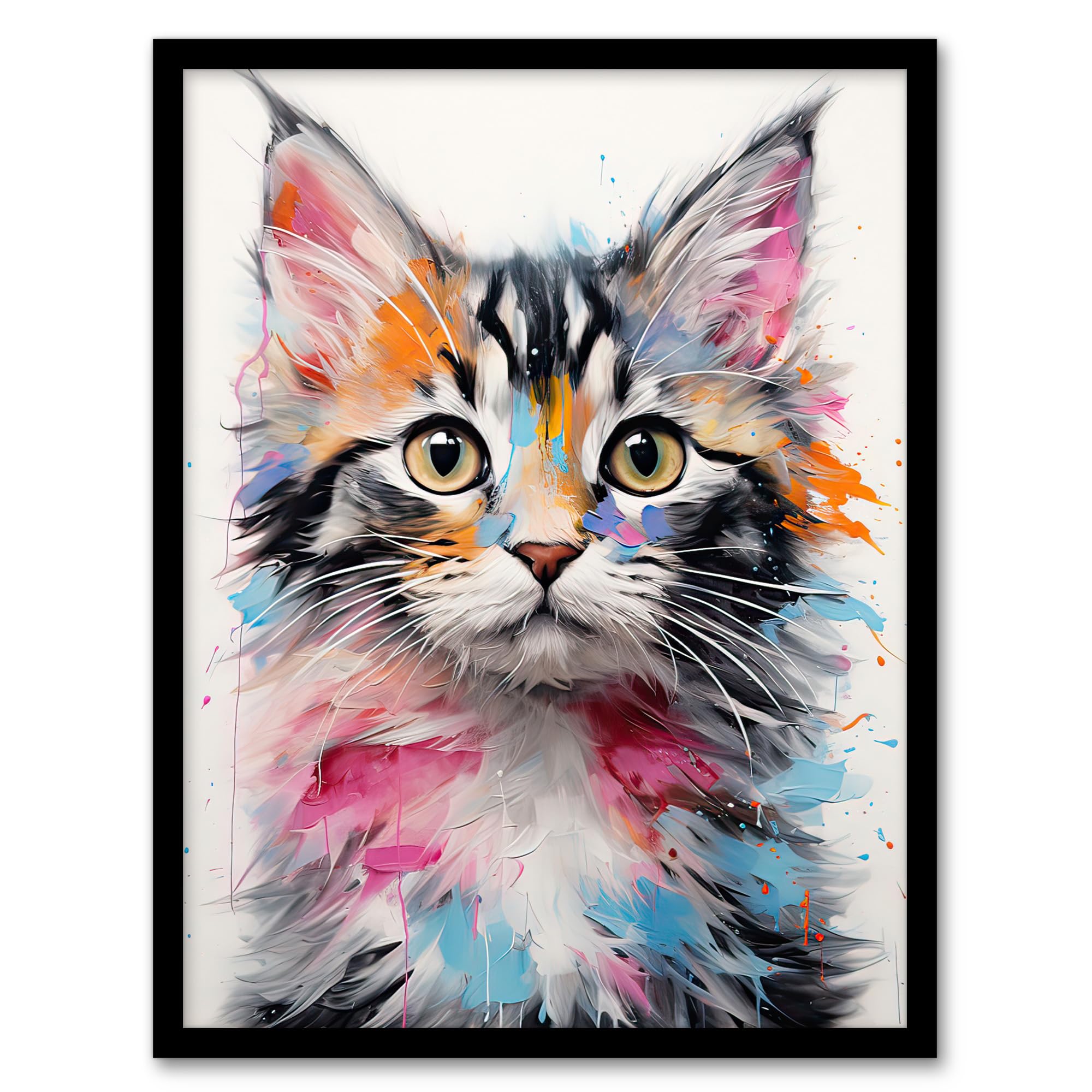 Artery8 Cute Kitten Bright Oil Painting Orange Pink Blue Baby Cat Artwork Kids Bedroom Artwork Framed Wall Art Print A4