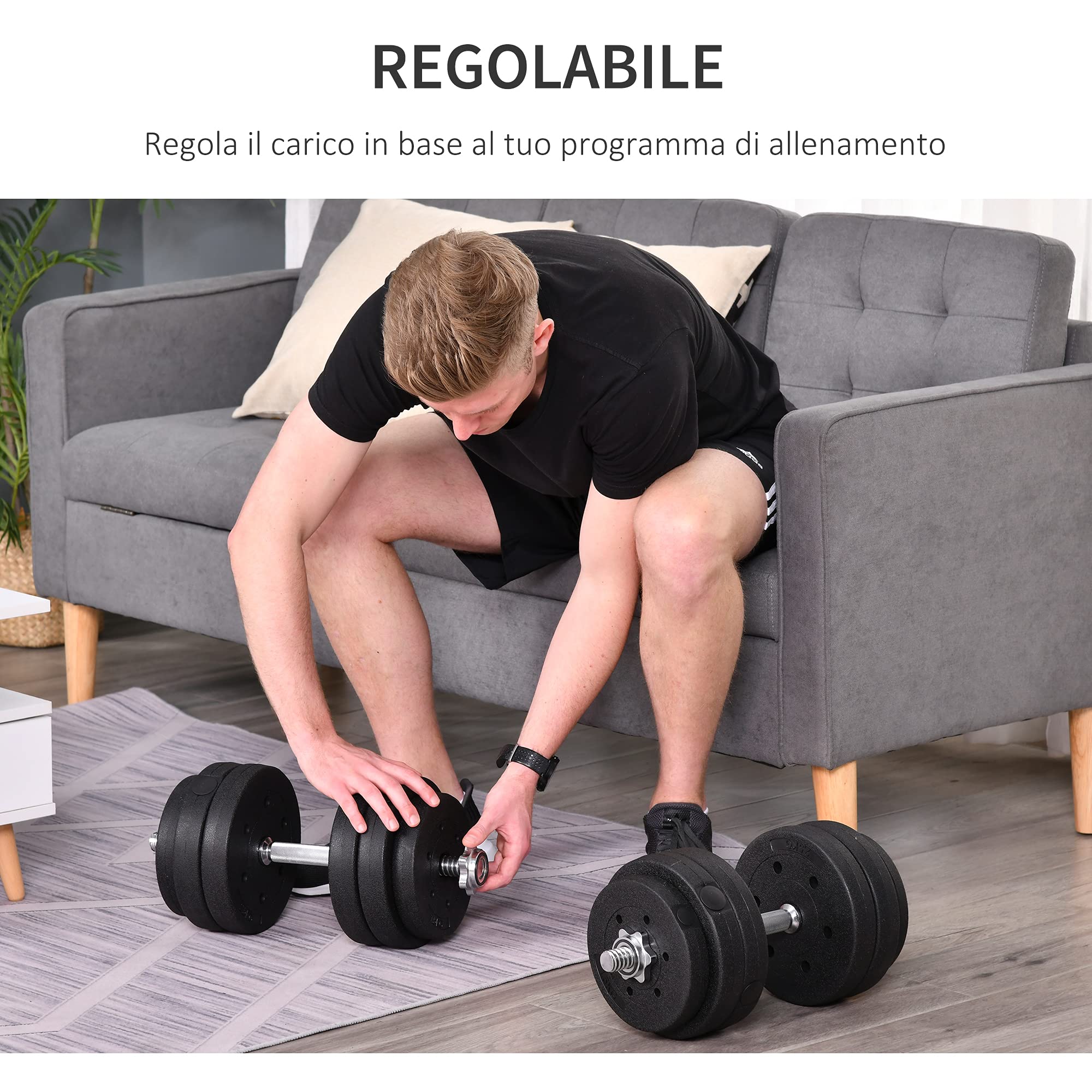 HOMCOM Set Manubri Palestra 25/30kg, Pesi Palestra con 12 Dischi e 2 Manubri da 2 kg per Allenamento a Casa, Nero