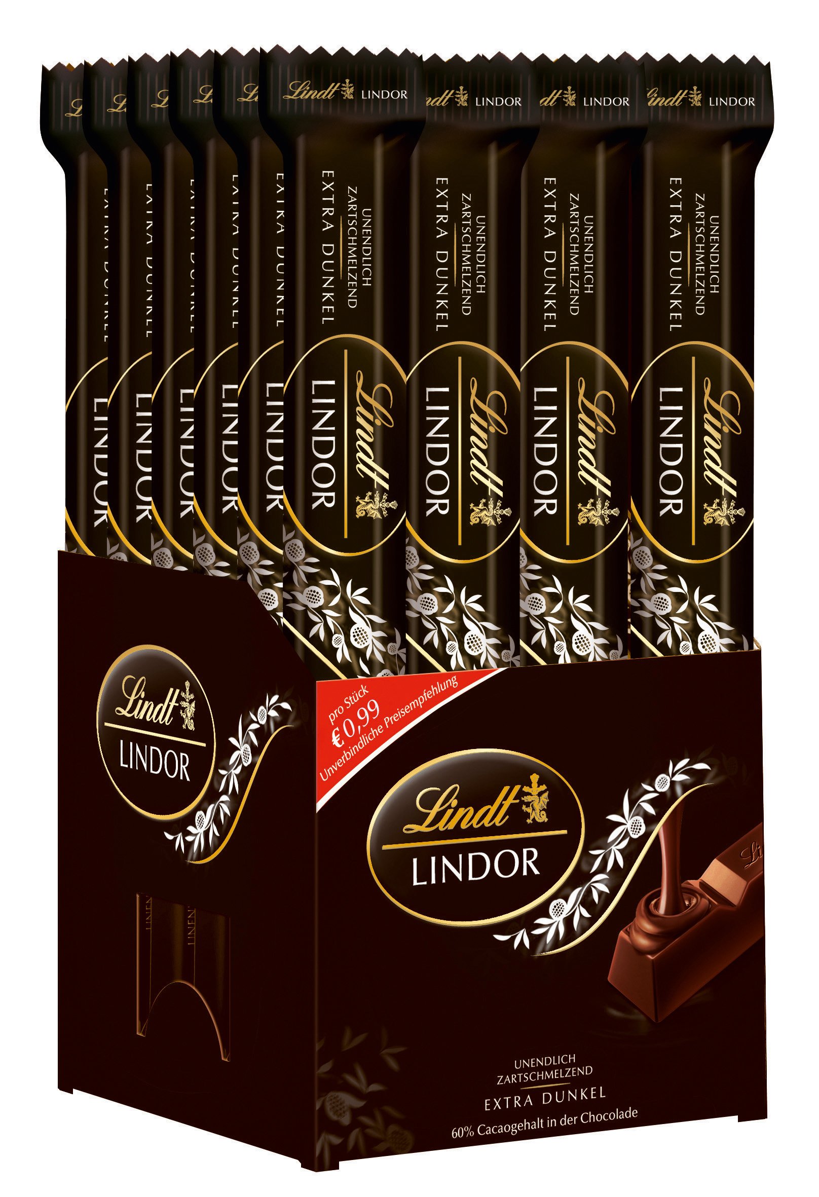 Lindt Schokolade LINDOR Bitter-Schokoladen-Sticks | 24 x 37 g Schokoladenriegel | Mit zartschmelzender Bitter-Schokoladenfüllung mit 60% Kakao | Pralinen-Geschenk | Schokoladen-Geschenk | Großpackung