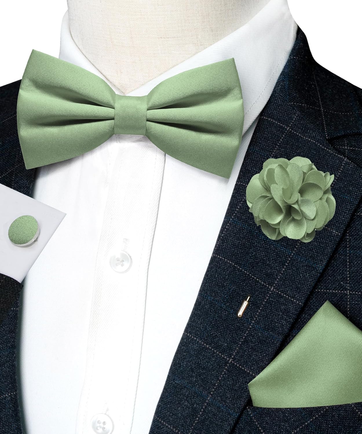 JEMYGINS Solid Color Pre-tied Bow Tie and Pocket Square Cufflinks Lapel Pin Sets for Men 4PCS