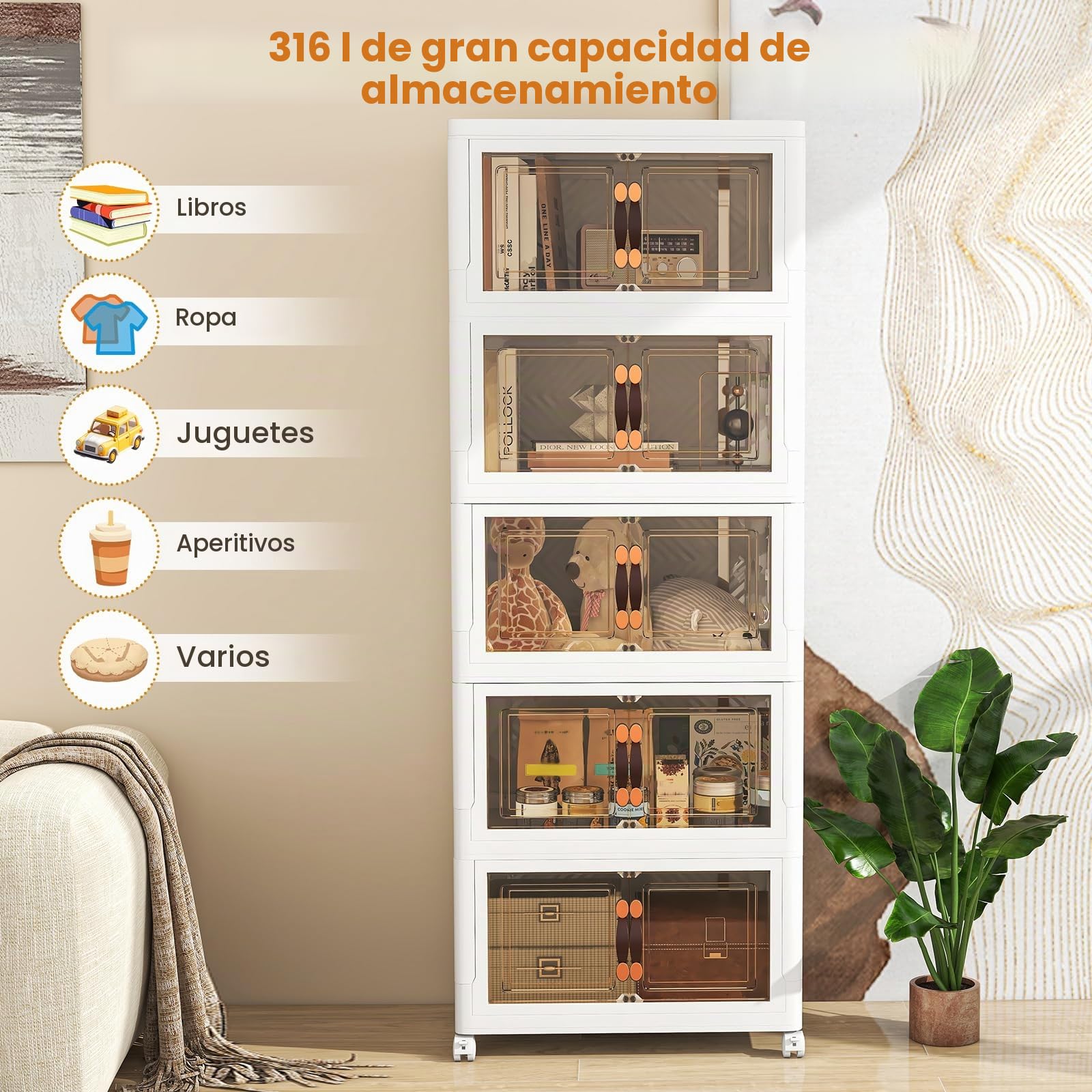 KOMFOTTEU Cajas de Almacenamiento Plegables, Contenedor de Plástico con Tapas y 4 Ruedas, Cajas Organizadores Apilables para Dormitorio, Sala de Estar, Soporte hasta 5 kg (XL, 5 Niveles)