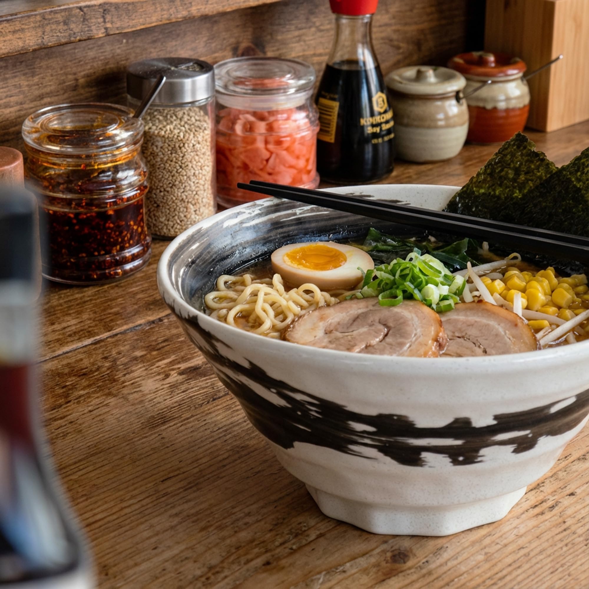 SASUGA Handgefertigte Japanische Keramikschale für Ramen & Udon - Pinsel Strich Nudel-Schale aus Mino-Yaki Porzellan, Weiß