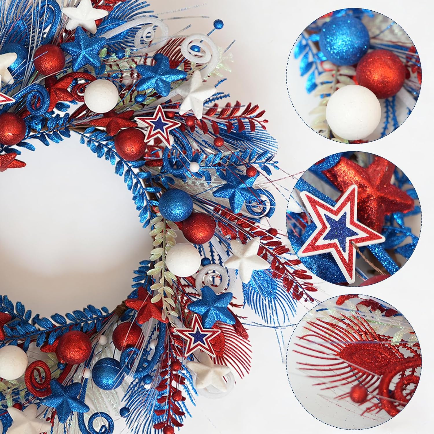 22 Inch Patriotic Wreath, Red White and Blue Front Door Wreath, 4th of July Decor with Glitter Stars, Leaves and Balls, American Wreath for Home Decoration