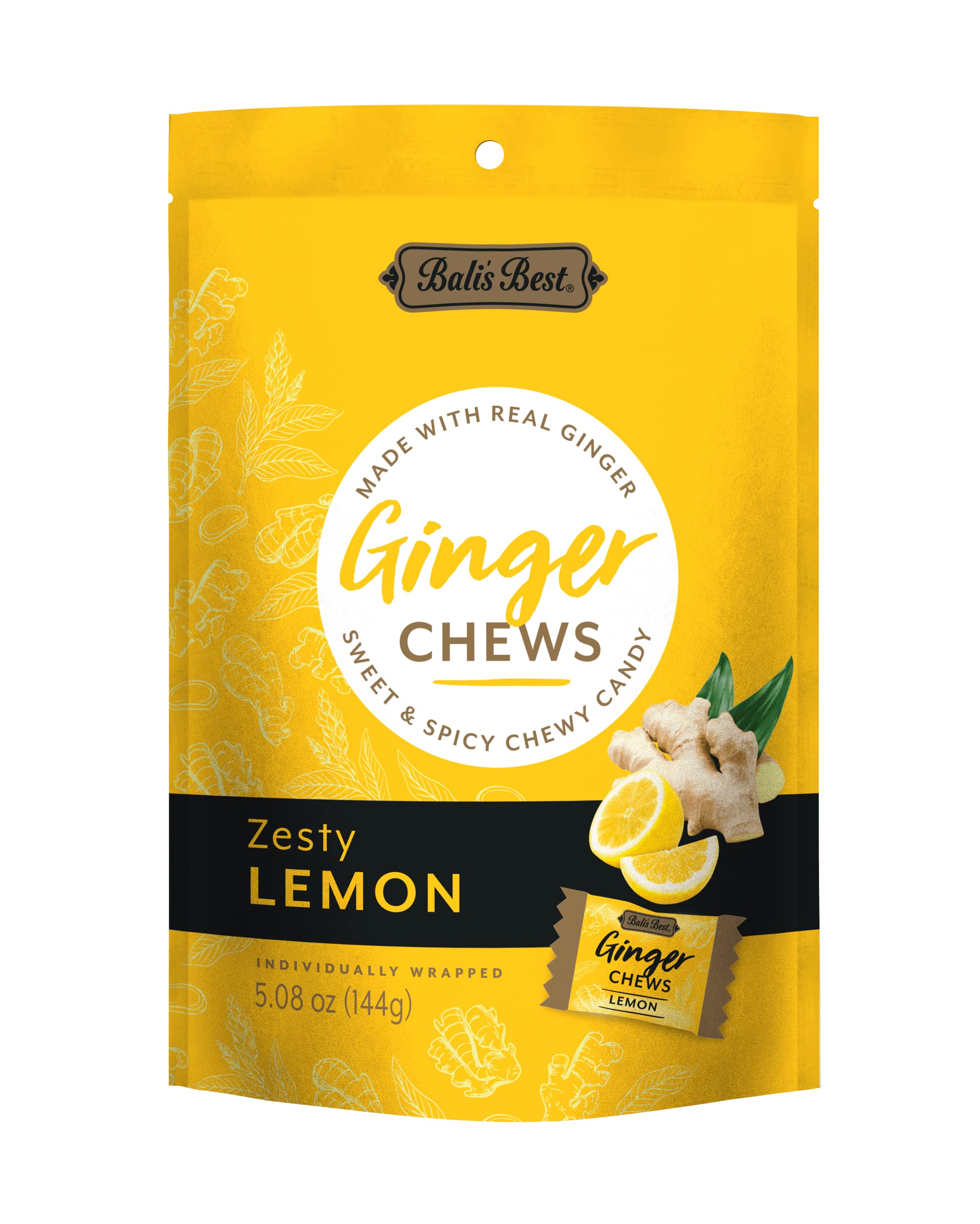 Bali's Best Ginger Chews, Zesty Lemon Flavor, 5.08 Oz, Individually Wrapped Soft Candy, Made with 100% Real Ginger, Digestive Health Support, Upset Stomach Relief, Halal