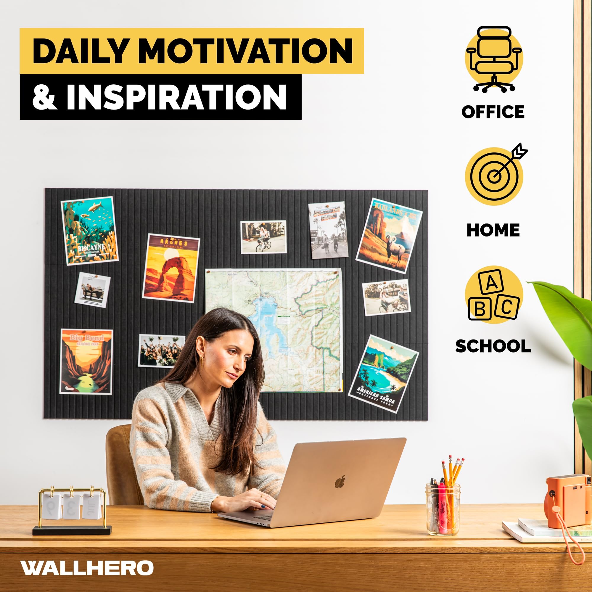 WALLHERO Große Pinnwand, Reißzwecken, 150 x 91,4 cm, 15 Stück, Wandpinnwand, Korktafel, Alternative für Wände, Tablero de Corcho para Pared, Kordeltafel für die Wand (schwarze Lamellen)
