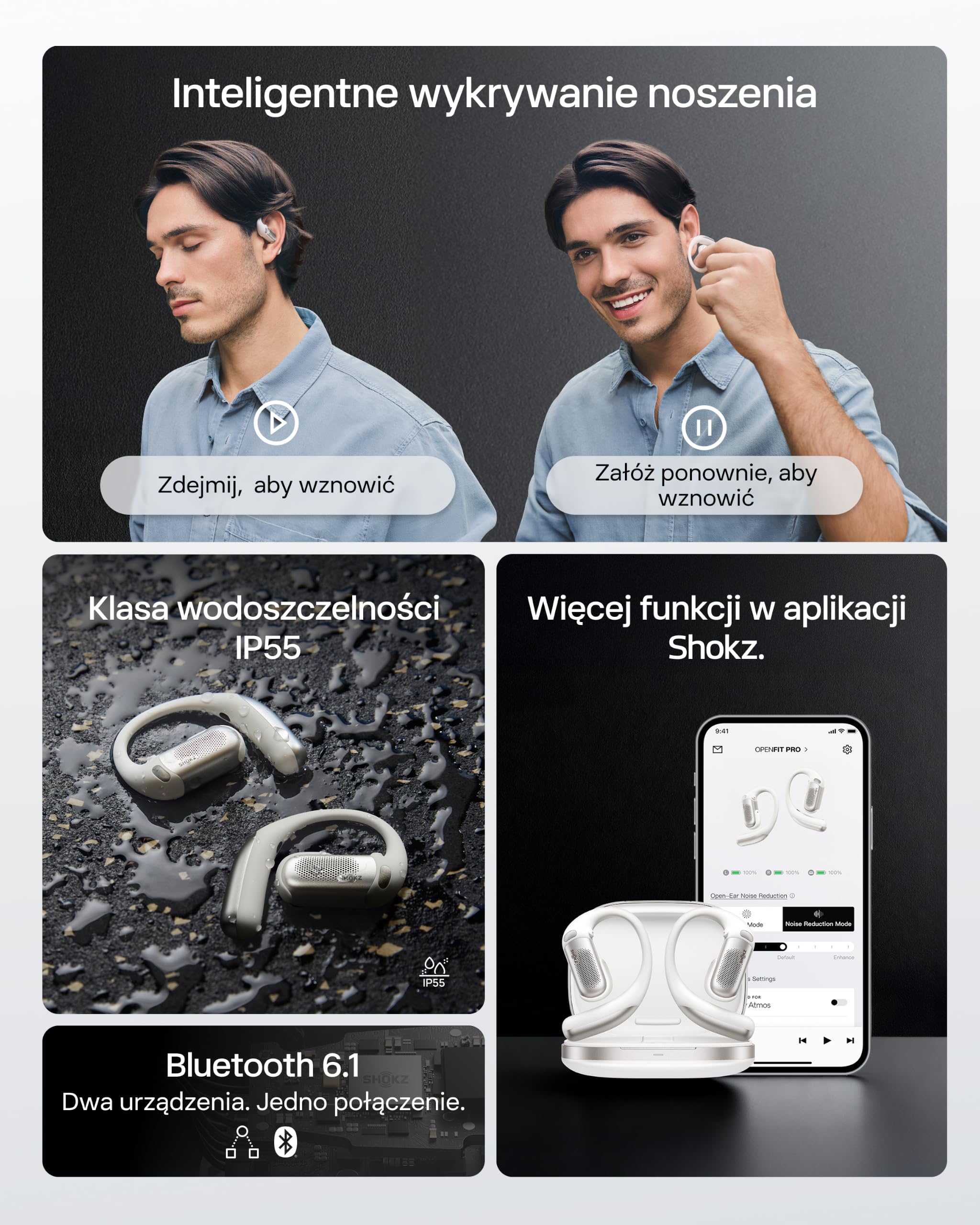 SHOKZ OpenFit Pro Open-Ear True Wireless Słuchawki, redukcja szumów, Dolby Atmos, głęboki bas, do 50 h pracy, AI dla wyraźnych połączeń, idealne do pracy i sportu, Bluetooth 6.1, IP55, Białe