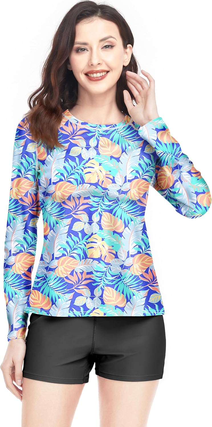 Davena Women 2 Piece Long Sleeve Rash Guard with Built in Bra Swimsuits UPF 50+ Swim Shirt with Boyshort Bottom