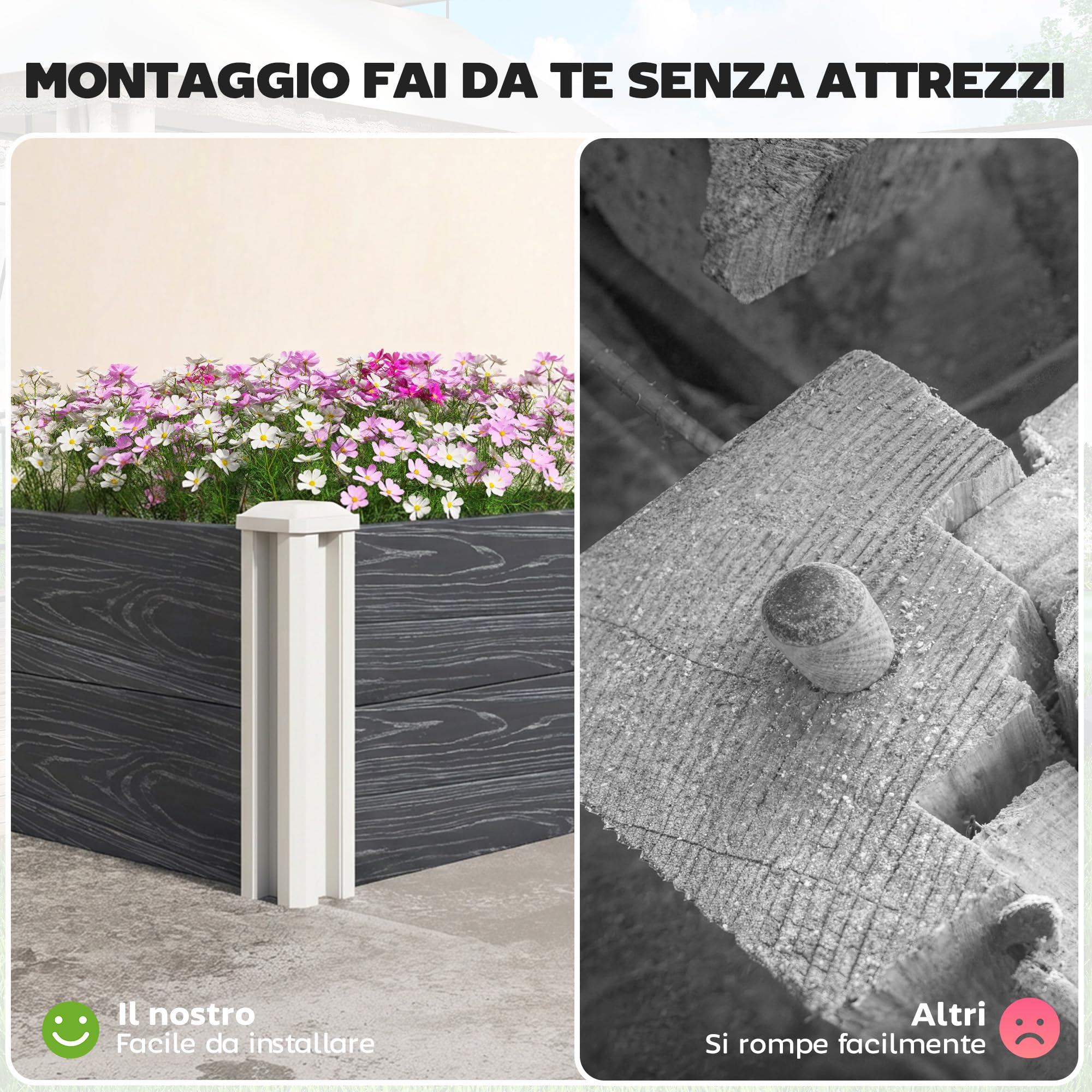 Outsunny Letto Rialzato da Giardino in Vinile, 102x102x33 cm, Kit Modulare con Gambe ad Incastro e Fondo Aperto, Fioriera Orto Rialzato da Esterno per Fiori, Erbe e Verdure, Grigio Scuro