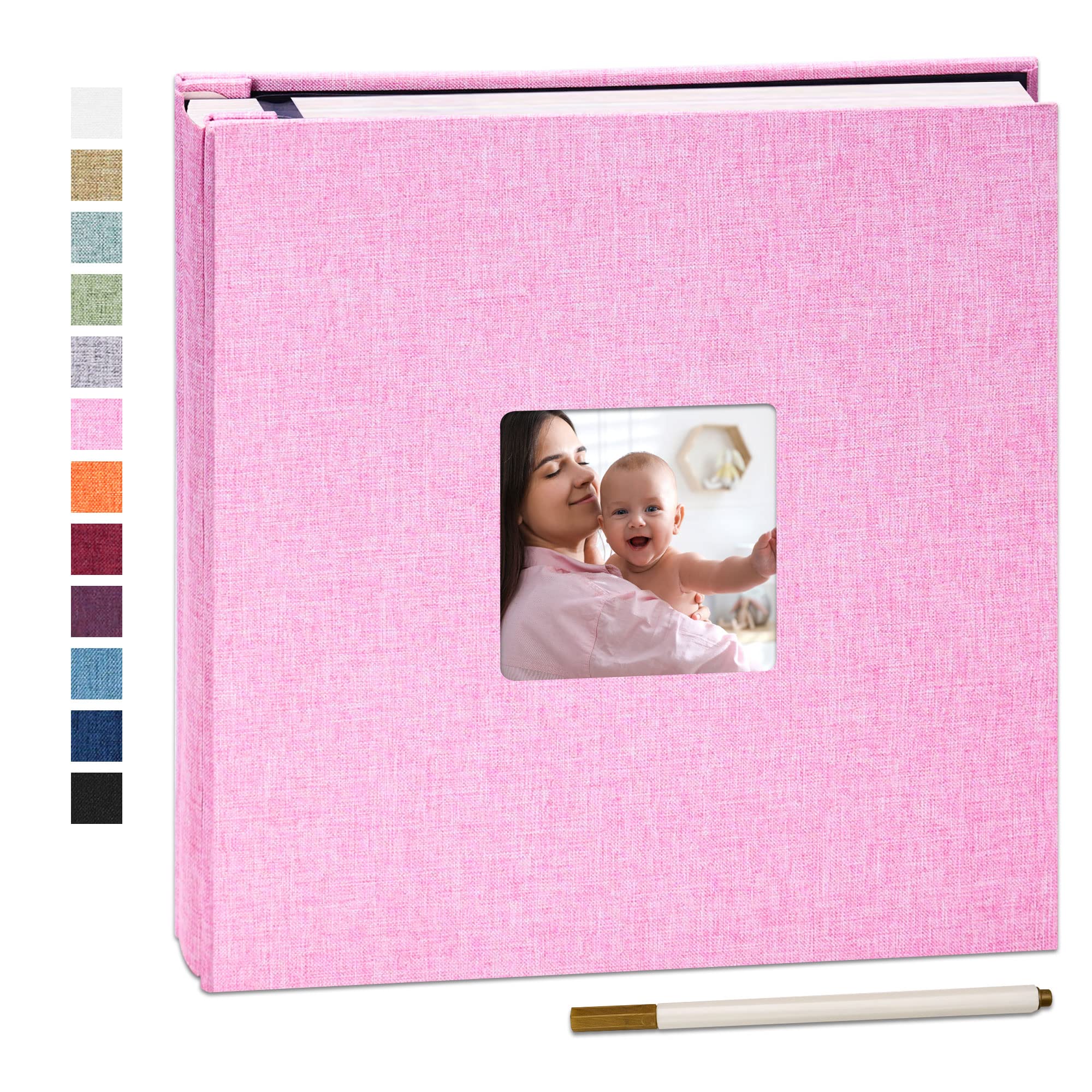 Yopih Pink Self Adhesive Photo Album 28X27cm Fits 10X15 8X13 13X18 15X20 20X25 Cm Photo Scrapbook With Window 40 Pages Linen Cover With A Metallic Pen Diy Memory Book For Baby Wedding Family