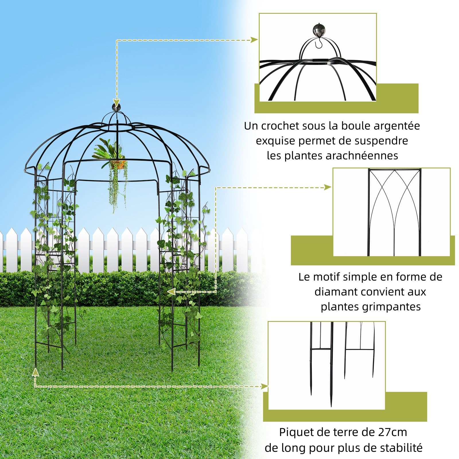 LEADZM Arche de Jardin en Métal Noir 270x207x207cm - Style français Pergola en Métal, Plantes Grimpantes Terrasse Patio Arceau à Rosiers,Mariage Arche Colonne de Jardin