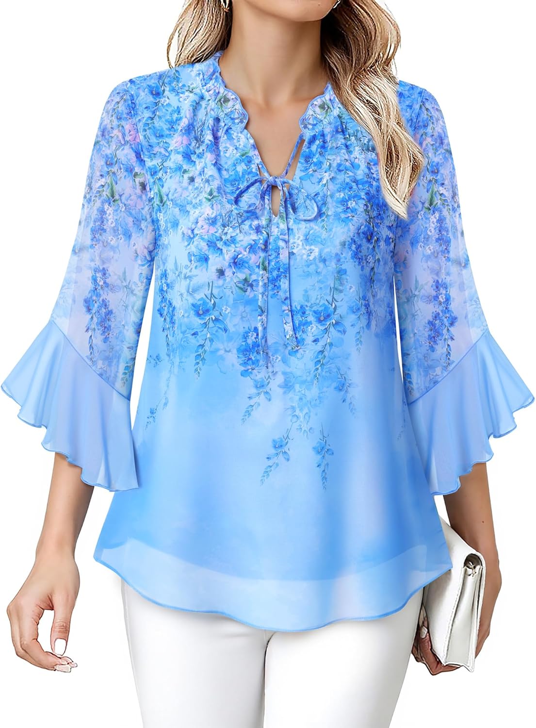 Lotusmile Women's Dressy Casual or Work Business Blouses Trendy Ruffle Neck Shirts 3/4 Sleeve Chiffon Tops - Image 2