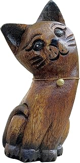 Hand Carved Wooden Cat Statue - Little Kitten Figurine Sculpture - Brown 5 Inches (Left)