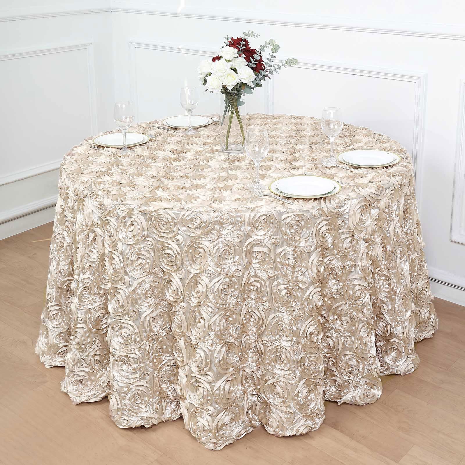 Efavormart 120" Beige Grandiose 3D Rosette Satin Round Tablecloth for Wedding Party Event Decoration